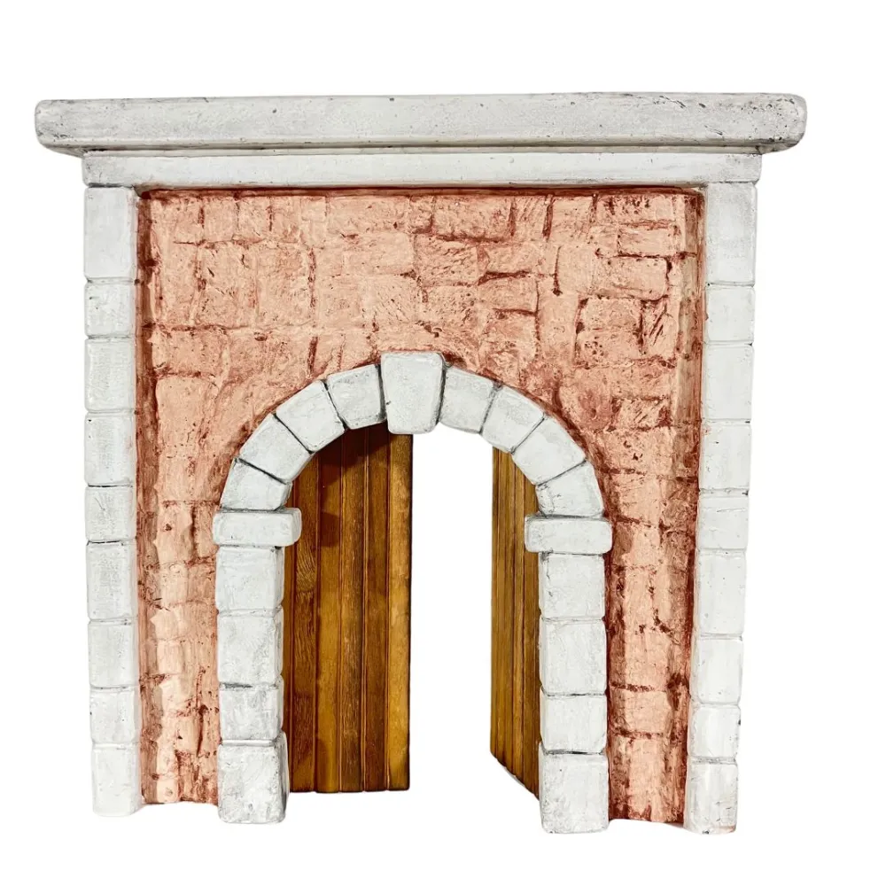 Coloured Plaster Wall with Arch and Double Wooden Door for 12–15 cm Nativity Figures