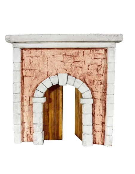 Coloured Plaster Wall with Arch and Double Wooden Door for 12–15 cm Nativity Figures