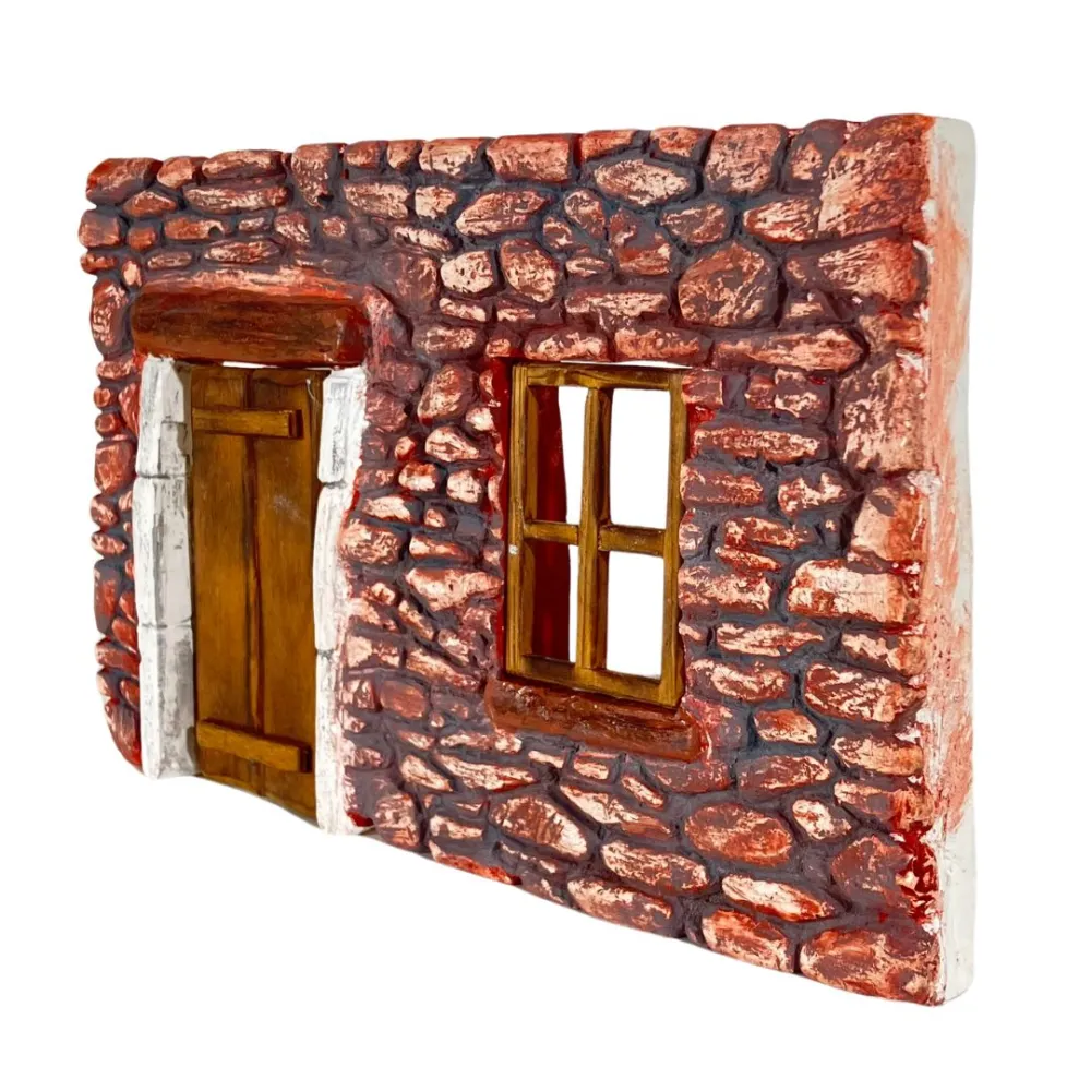 Coloured Plaster Wall with Wooden Door and Window for 8–10 cm Nativity Figures