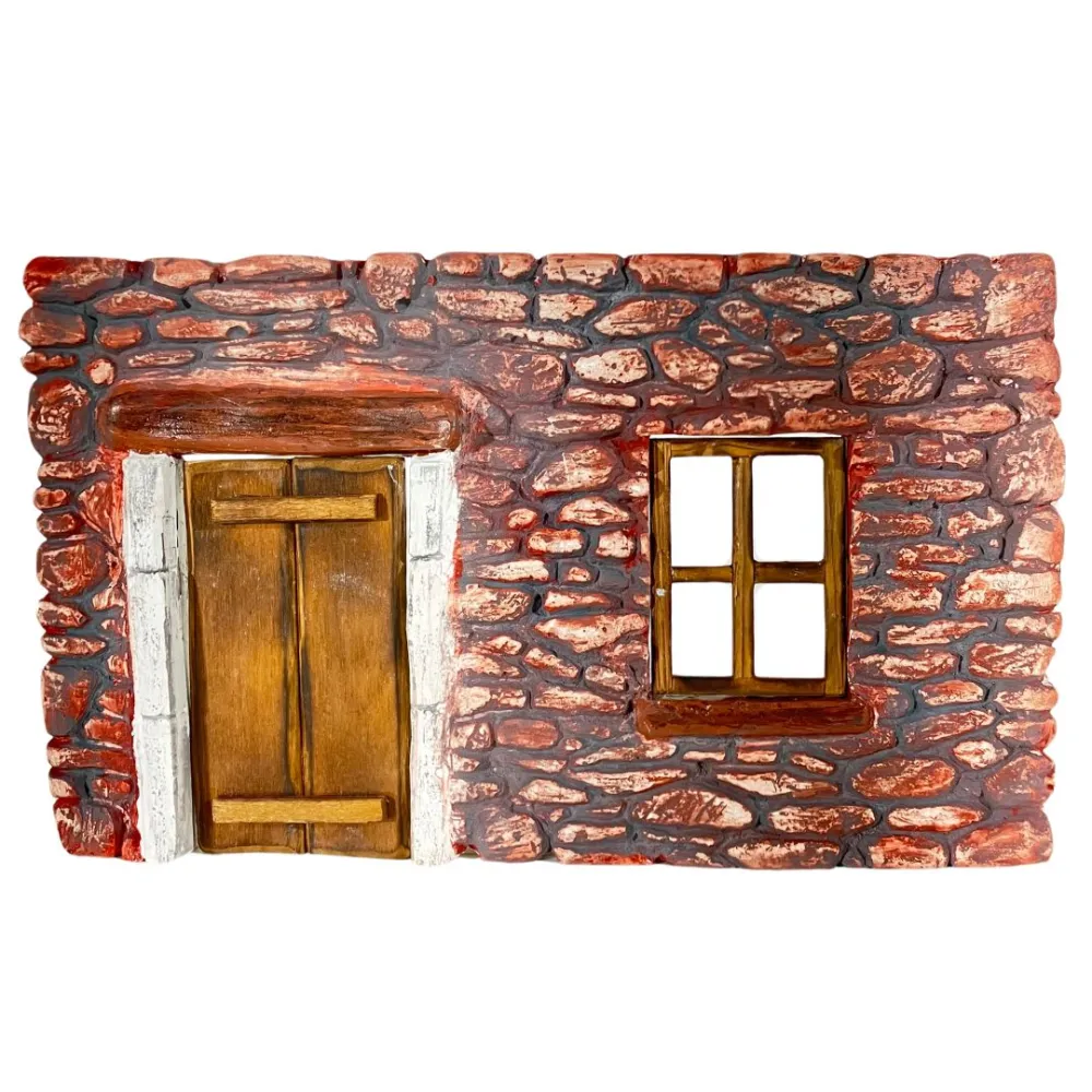 Coloured Plaster Wall with Wooden Door and Window for 8–10 cm Nativity Figures