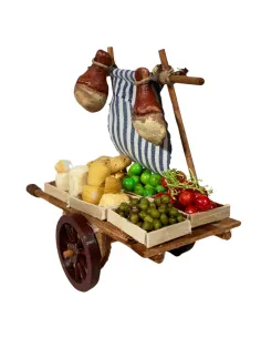 Carretto in legno con frutta, verdura, pane e formaggi per statue da 8-10 cm