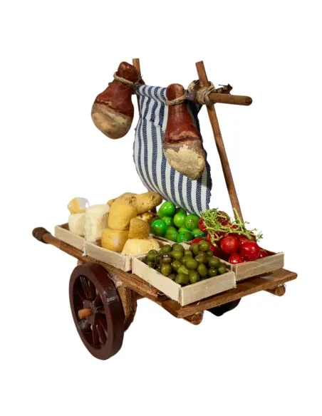 Carretto in legno con frutta, verdura, pane e formaggi per statue da 8-10 cm