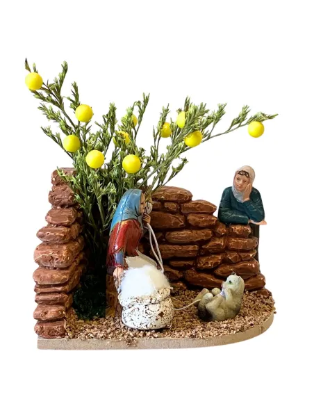 Landi Elderly Woman Spinning Wool with Onlooker, 10 cm