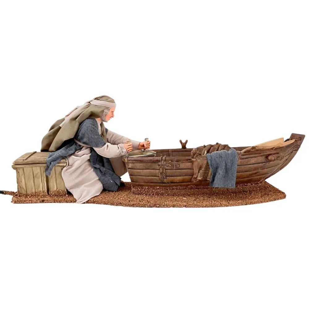 Animated Palestinian Man Planing a Wooden Boat - 30 cm