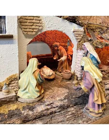 Presepe in stile orientale completo di luci con statue da 12 cm