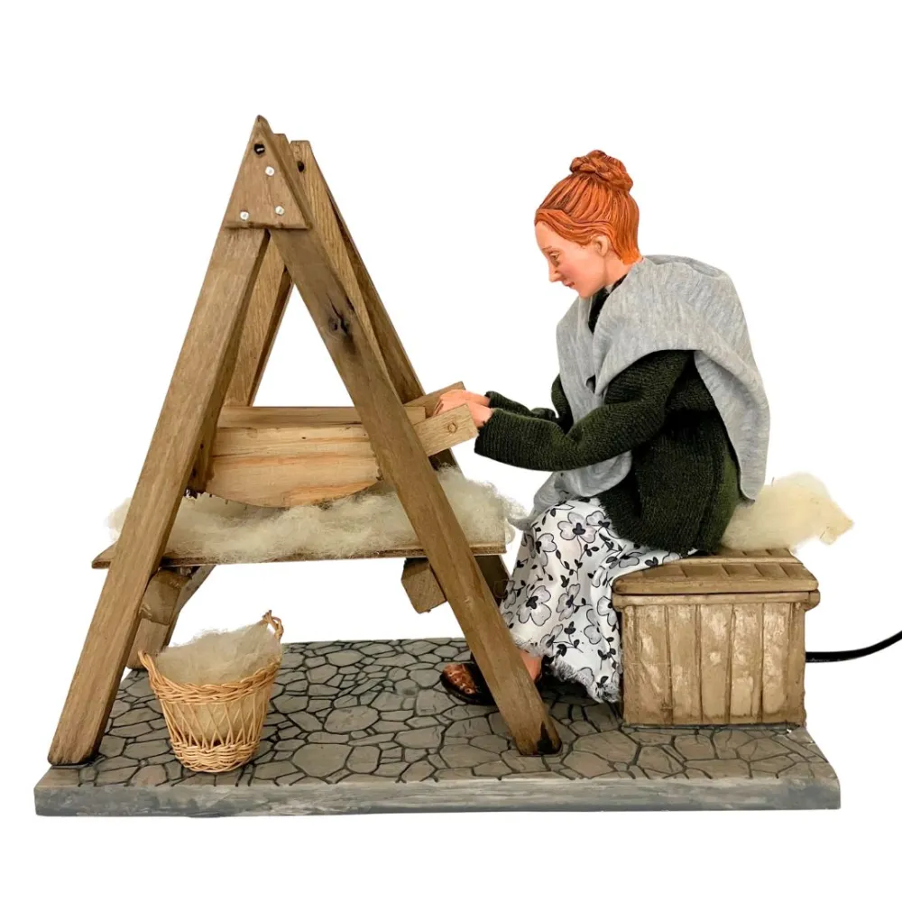 Animated Traditional Woman Carding Wool - 30 cm