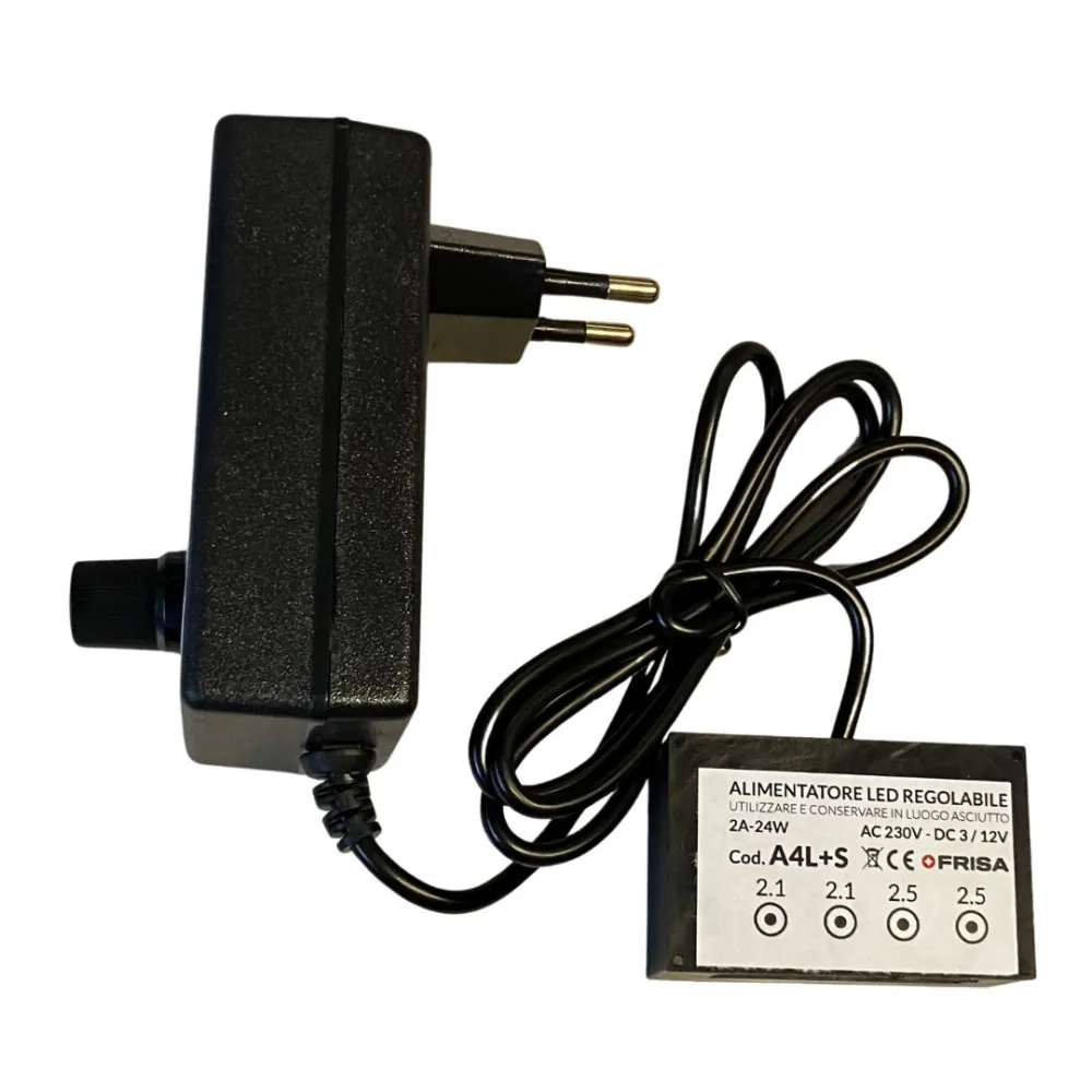 Adjustable 3–12 volt power supply with two 2.1 mm outputs and two 2.5 mm outputs