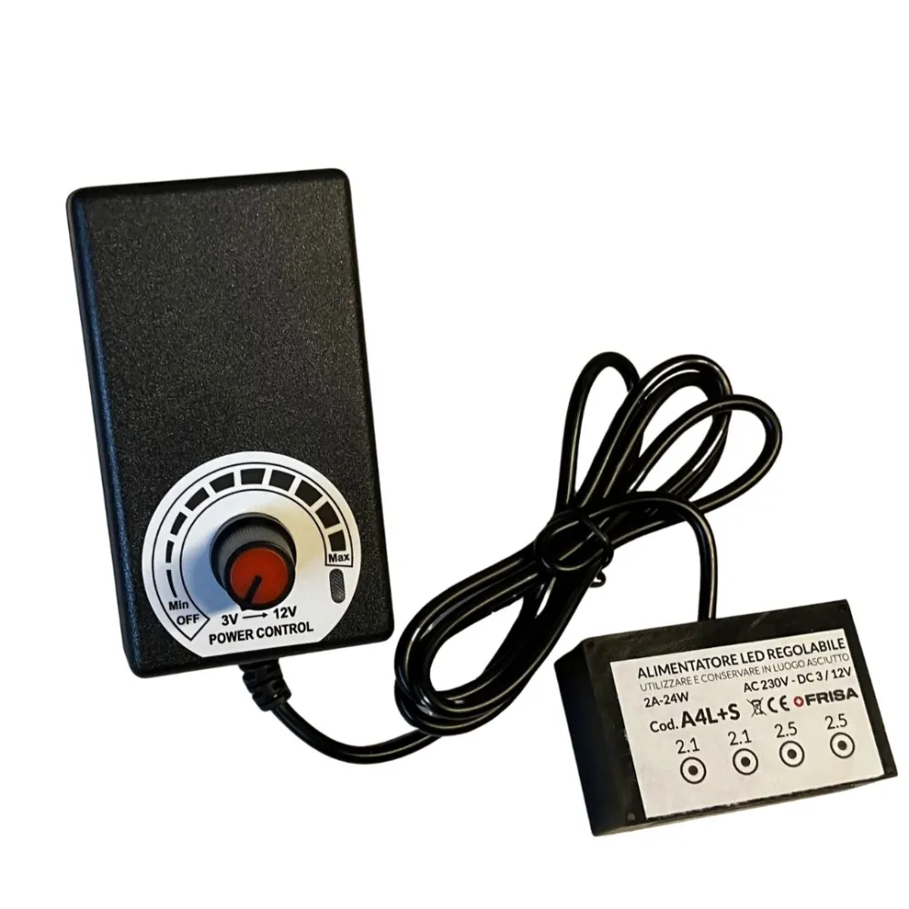 Adjustable 3–12 volt power supply with two 2.1 mm outputs and two 2.5 mm outputs