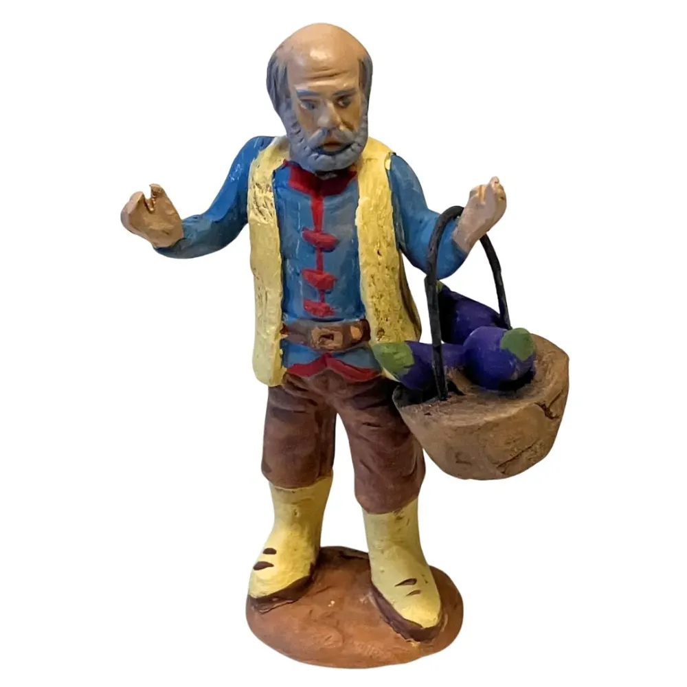 7 cm Terracotta Elderly Farmer with Basket of Eggplants