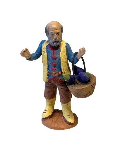 7 cm Terracotta Elderly Farmer with Basket of Eggplants