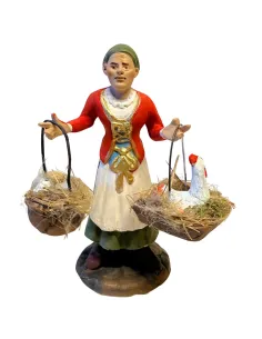 Donna con ceste gallina e uova 12 cm