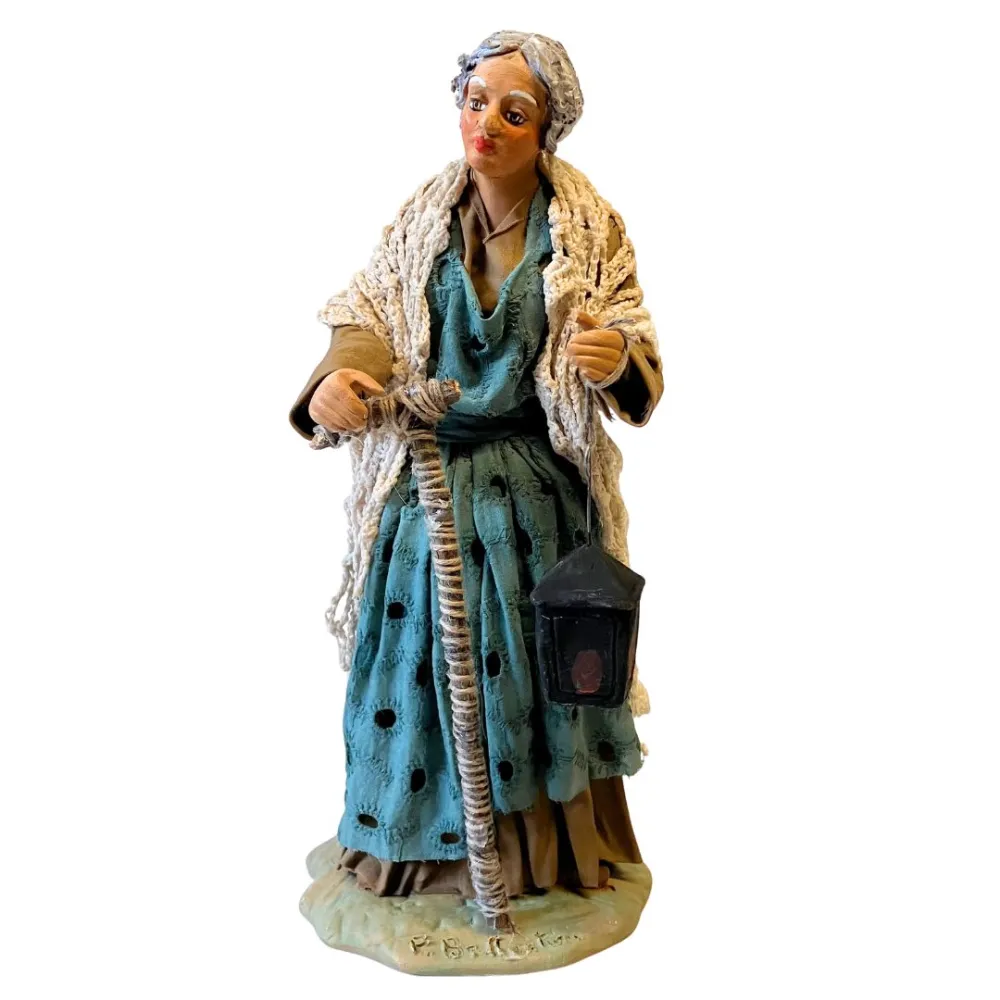 25 cm Terracotta Elderly Woman with walking stick and Lantern