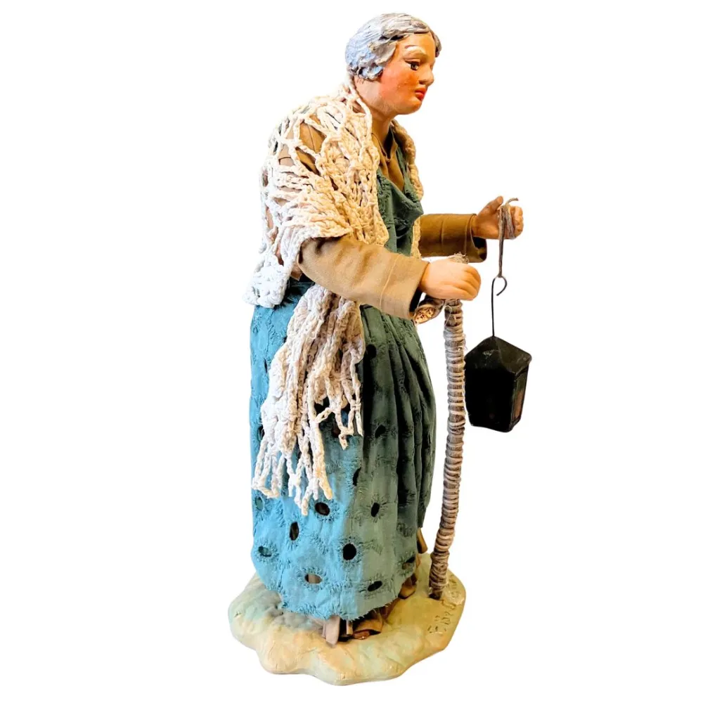 25 cm Terracotta Elderly Woman with walking stick and Lantern
