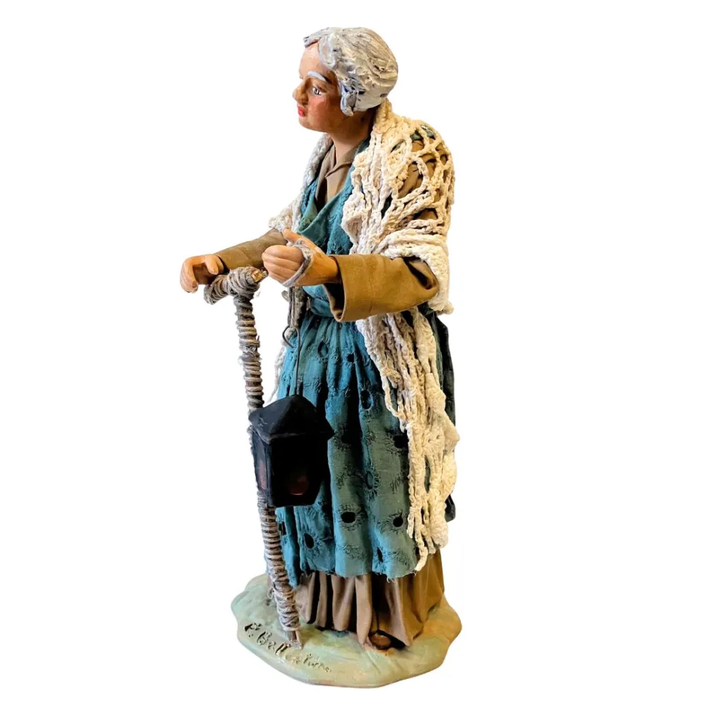 25 cm Terracotta Elderly Woman with walking stick and Lantern