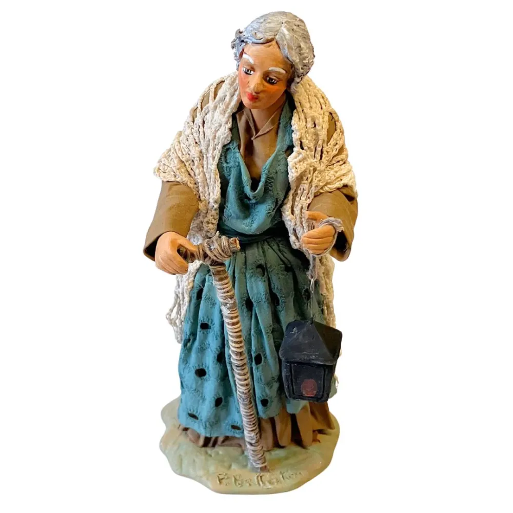 25 cm Terracotta Elderly Woman with walking stick and Lantern