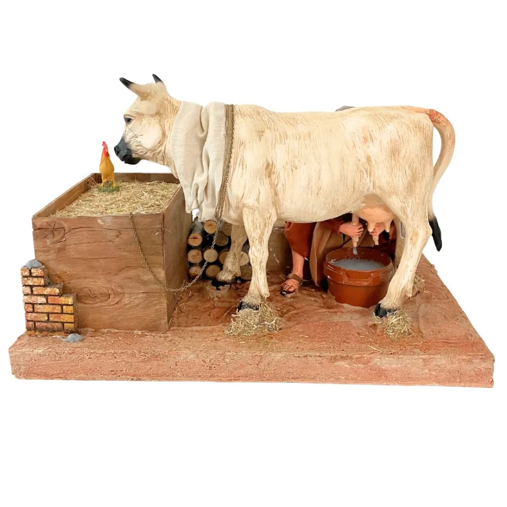 Animated Palestinian Milker with White Cow - 30 cm