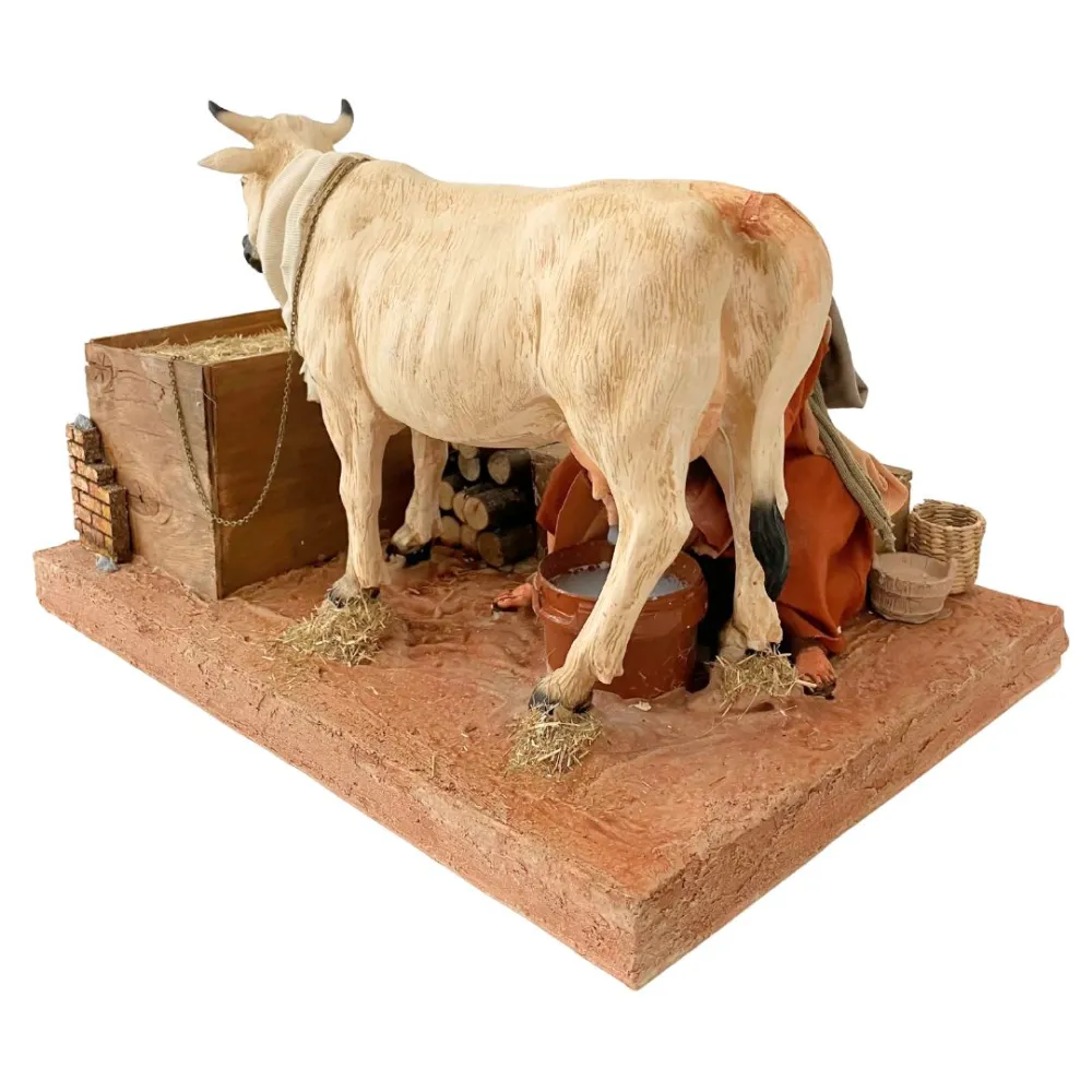 Animated Palestinian Milker with White Cow - 30 cm