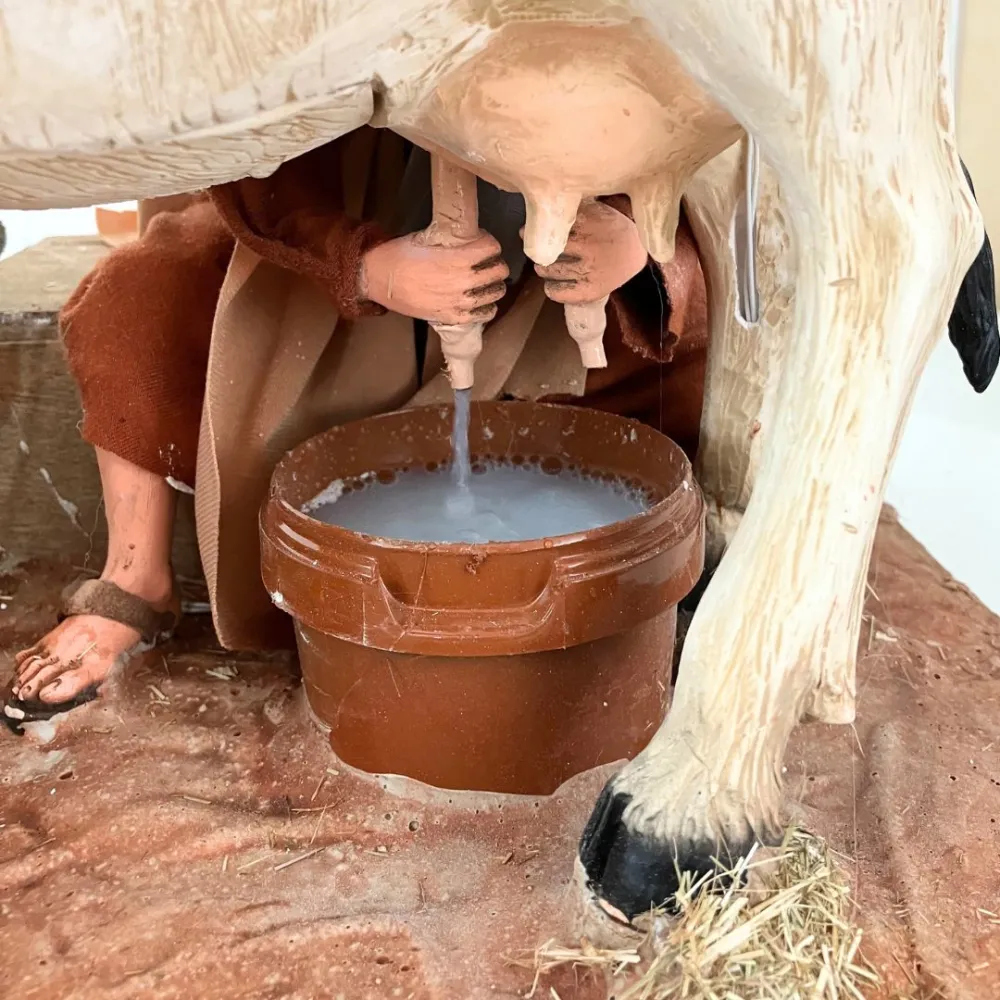 Animated Palestinian Milker with White Cow - 30 cm