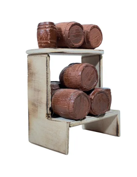 Bancarella con botti in legno per statue da 8-10 cm