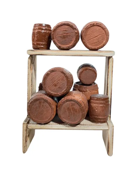 Bancarella con botti in legno per statue da 8-10 cm