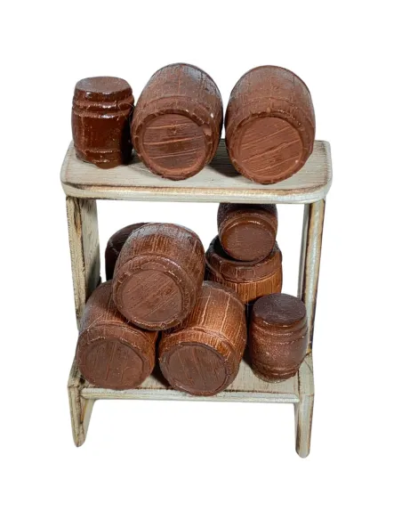 Bancarella con botti in legno per statue da 8-10 cm