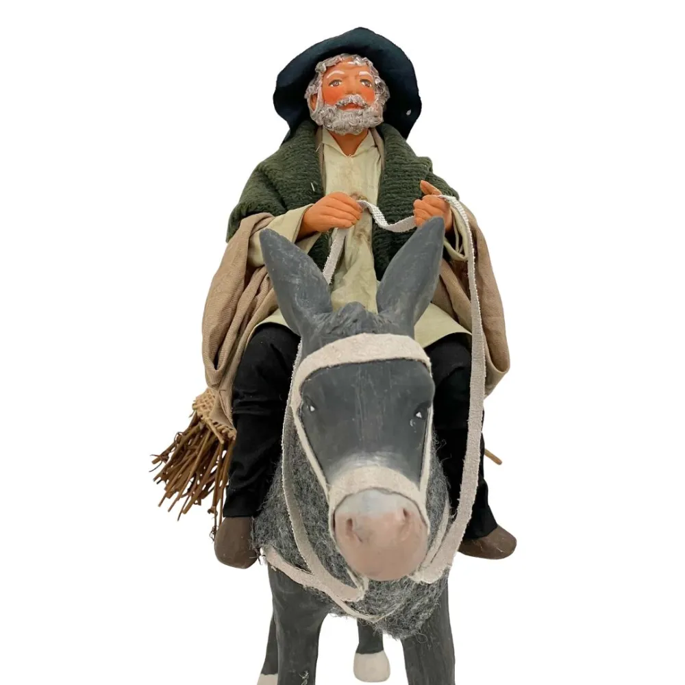 Animated Terracotta Man Riding a Donkey - 25 cm