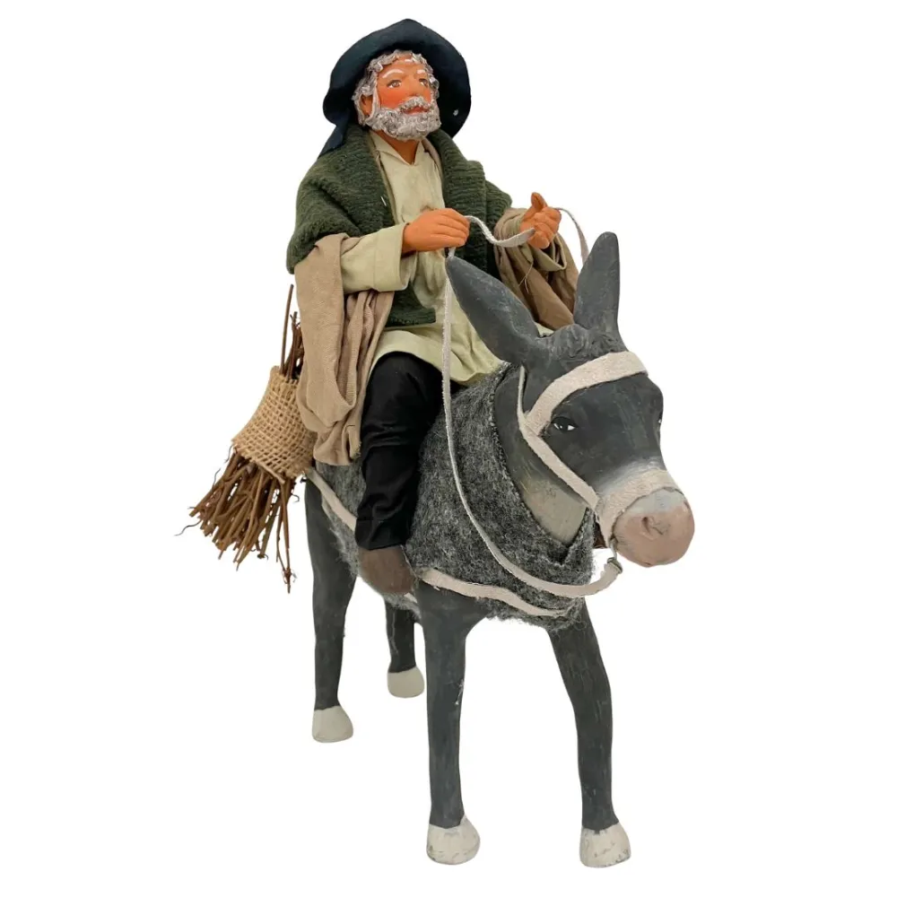 Animated Terracotta Man Riding a Donkey - 25 cm