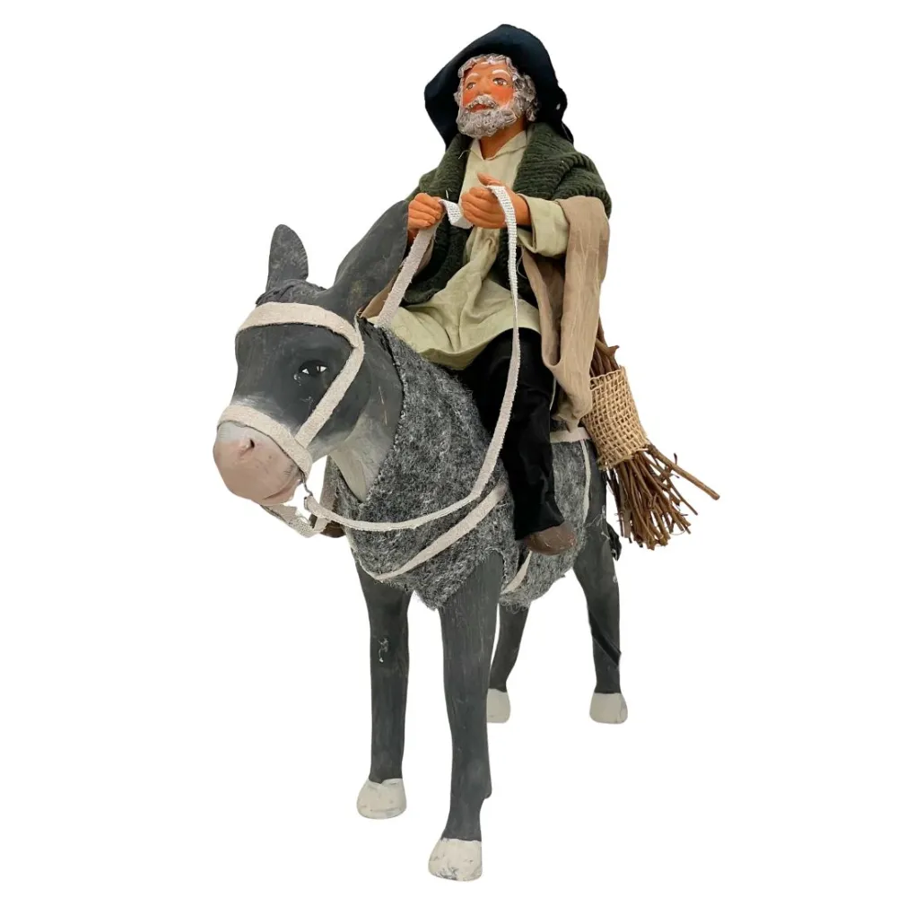 Animated Terracotta Man Riding a Donkey - 25 cm