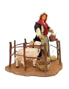 Animated Terracotta Woman Feeding a Sheep - 25 cm 2