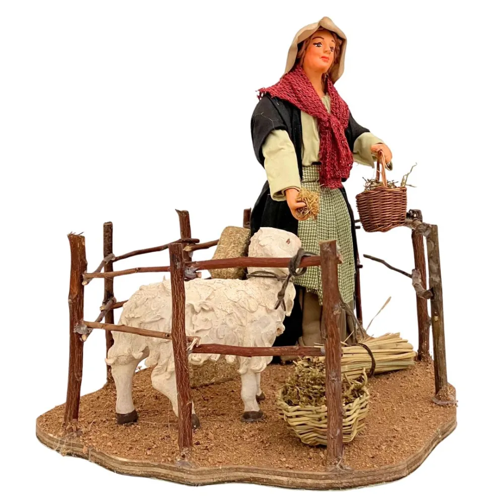 Animated Terracotta Woman Feeding a Sheep - 25 cm