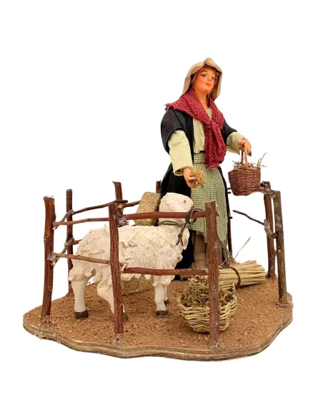 Animated Terracotta Woman Feeding a Sheep - 25 cm