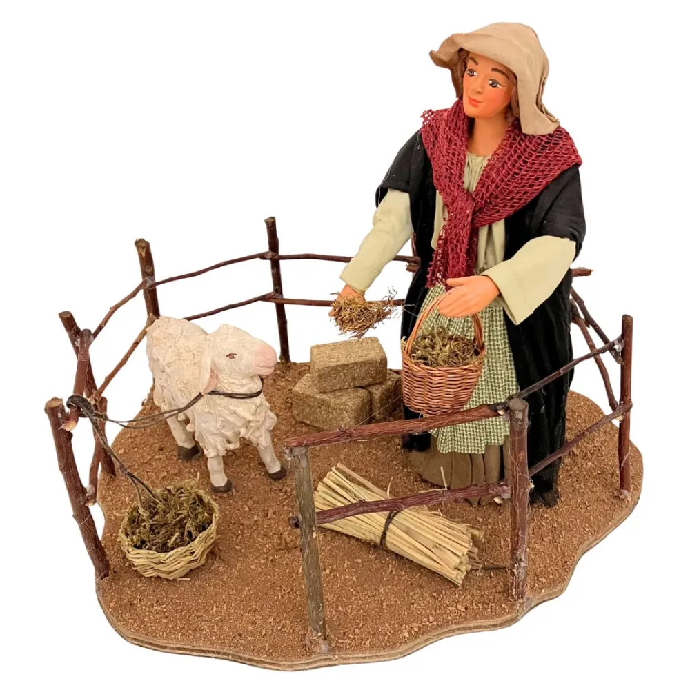 Animated Terracotta Woman Feeding a Sheep - 25 cm