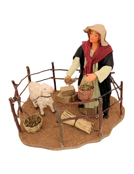Animated Terracotta Woman Feeding a Sheep - 25 cm