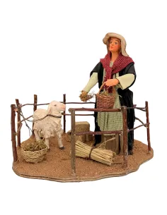 Animated Terracotta Woman Feeding a Sheep - 25 cm