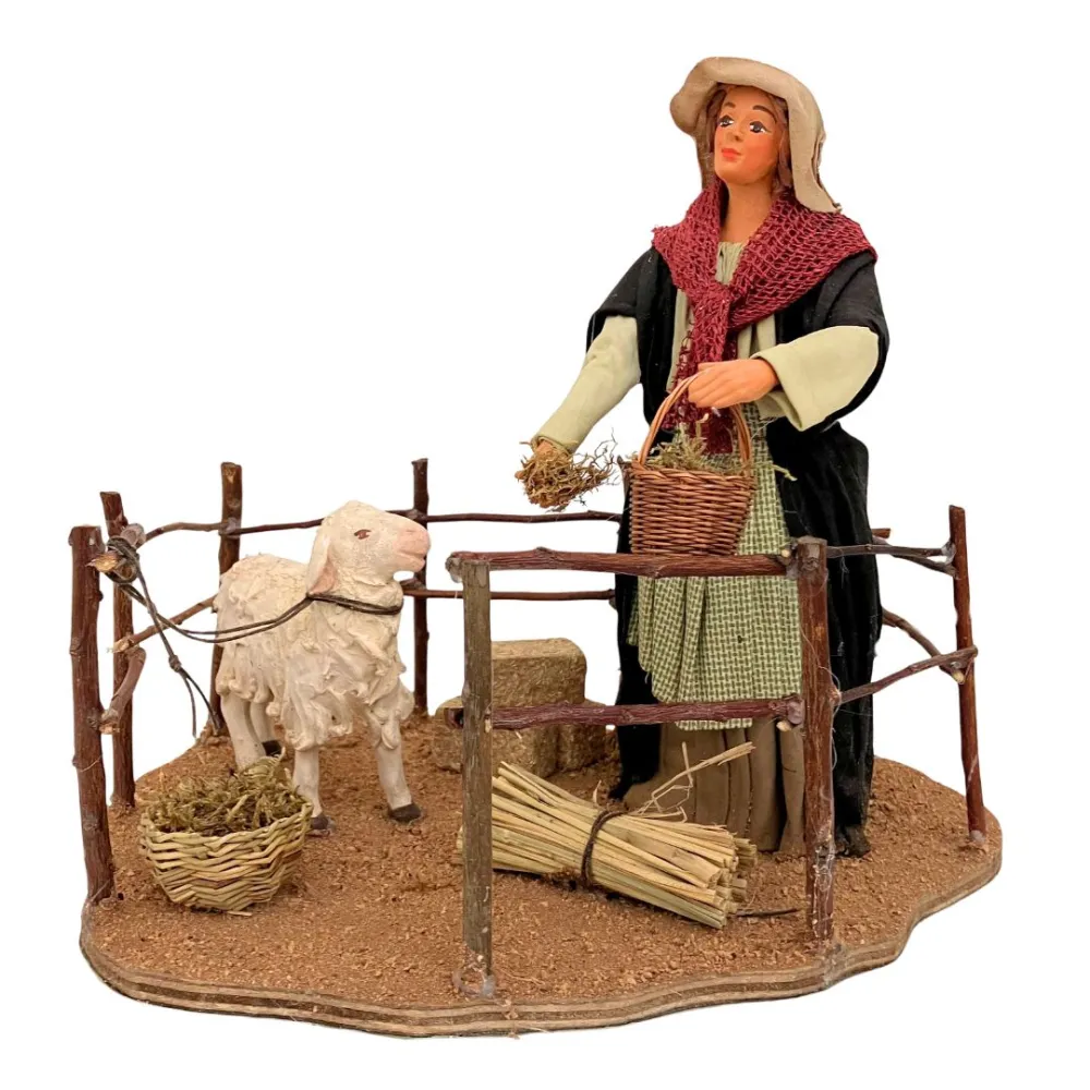 Animated Terracotta Woman Feeding a Sheep - 25 cm