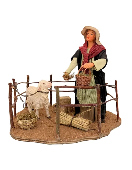 Animated Terracotta Woman Feeding a Sheep - 25 cm