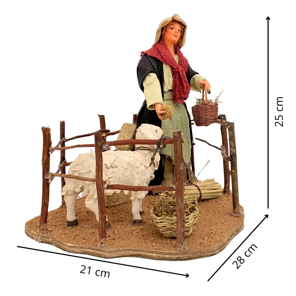 Animated Terracotta Woman Feeding a Sheep - 25 cm