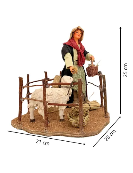 Animated Terracotta Woman Feeding a Sheep - 25 cm
