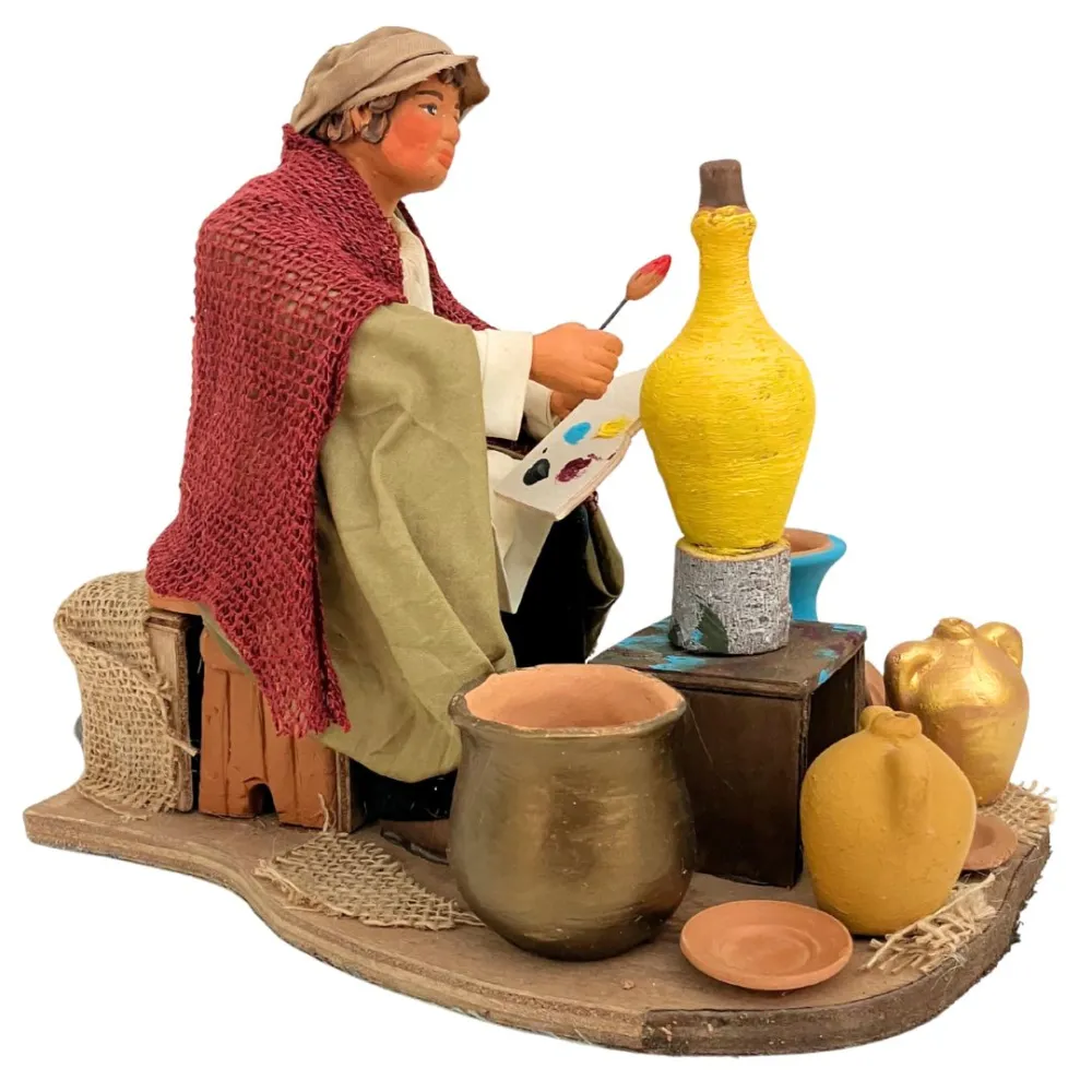 Animated Terracotta Potter Painting a Vase - 25 cm