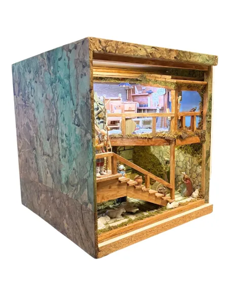 Presepe in cassa di legno apribile con statue da 10 cm e sistema giorno e notte manuale