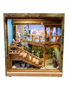 Presepe in cassa di legno apribile con statue da 10 cm e sistema giorno e notte manuale