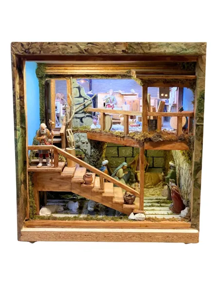 Presepe in cassa di legno apribile con statue da 10 cm e sistema giorno e notte manuale
