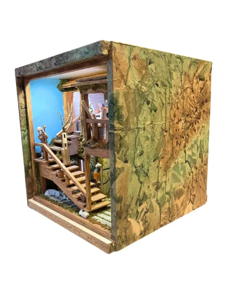 Nativity Scene in Opening Wooden Crate with 10 cm Nativity Figures and Manual Day-and-Night System