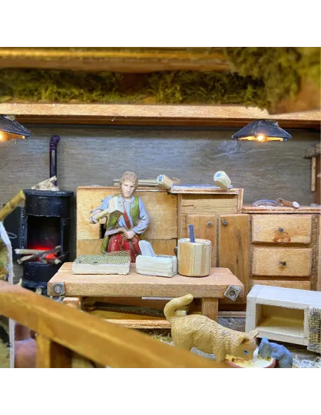 Presepe in cassa di legno apribile con statue da 10 cm e sistema giorno e notte manuale