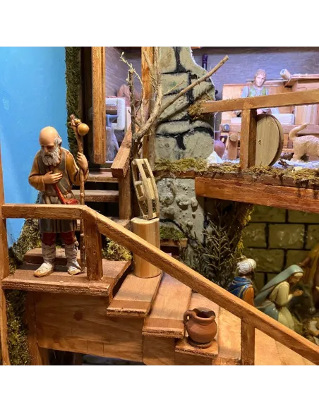 Presepe in cassa di legno apribile con statue da 10 cm e sistema giorno e notte manuale