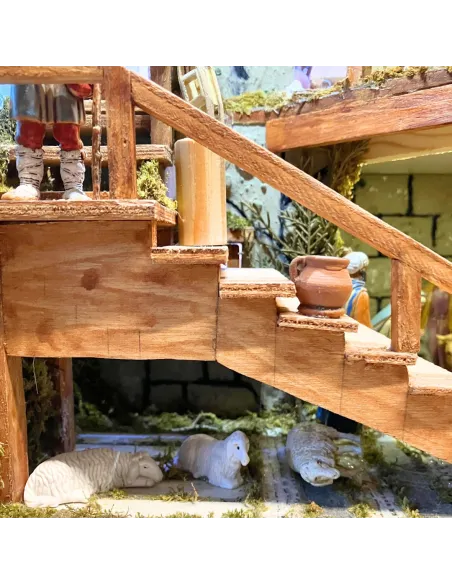 Presepe in cassa di legno apribile con statue da 10 cm e sistema giorno e notte manuale