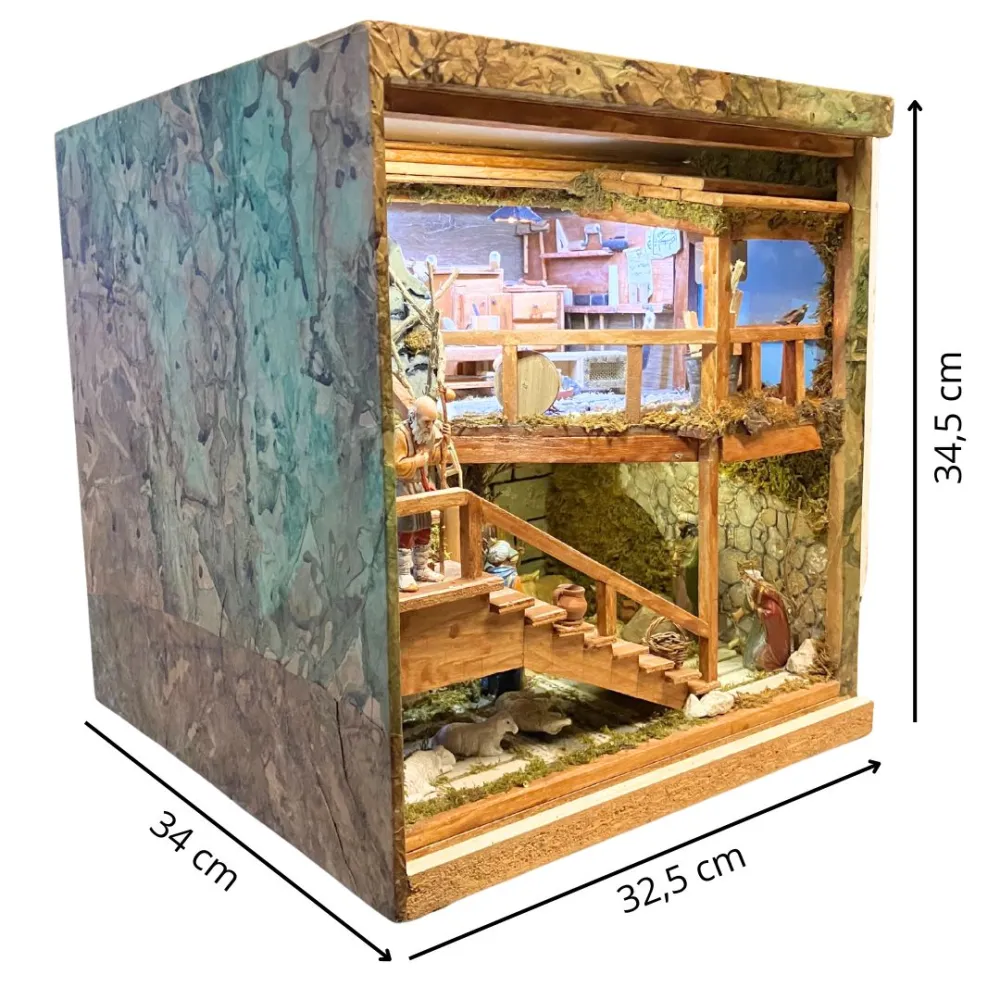 Nativity Scene in Opening Wooden Crate with 10 cm Nativity Figures and Manual Day-and-Night System