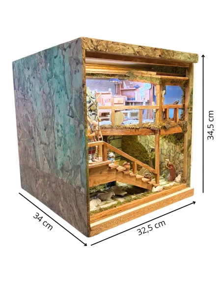 Presepe in cassa di legno apribile con statue da 10 cm e sistema giorno e notte manuale