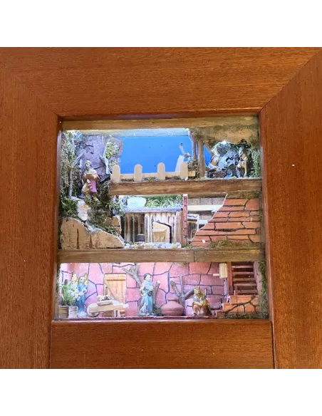 Presepe in quadro da appendere con statue da 3,5 cm e sistema giorno e notte manuale