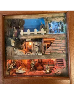Presepe in quadro da appendere con statue da 3,5 cm e sistema giorno e notte manuale
